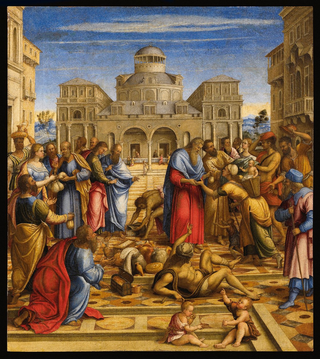 São João Misericordioso (João V de Alexandria ou João de Chipre) (556-619), Patriarca Ortodoxo de Alexandria, distribuindo dinheiro aos pobres nas ruas da cidade - João Misericordioso em Alexandria - Pintura de Francesco di Bernardo de Vecchi Santacr de Francesco (fl.1508 45) Rizzi da Santacroce