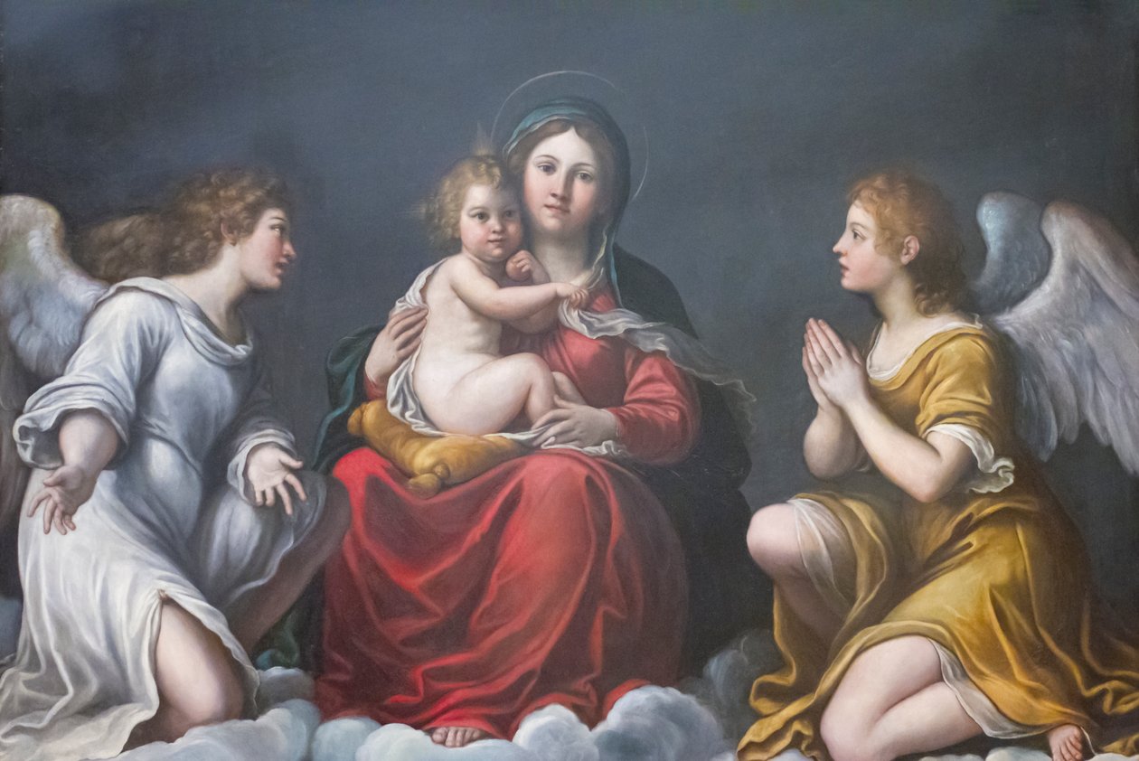 Madonna e Criança com Anjos (óleo sobre ardósia) de Francesco Albani