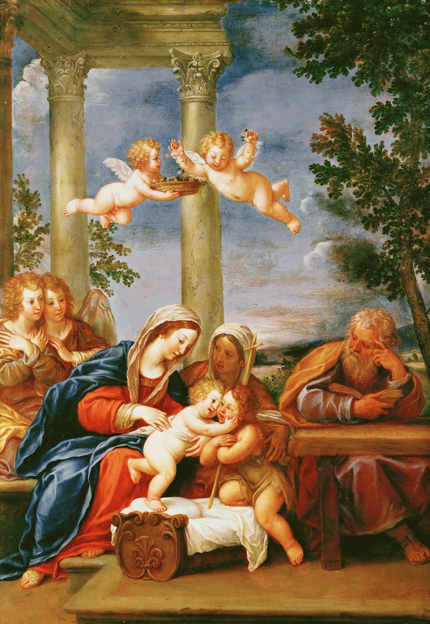A Sagrada Família com Santa Isabel e São João Batista, c.1645-50 (óleo sobre cobre) de Francesco Albani