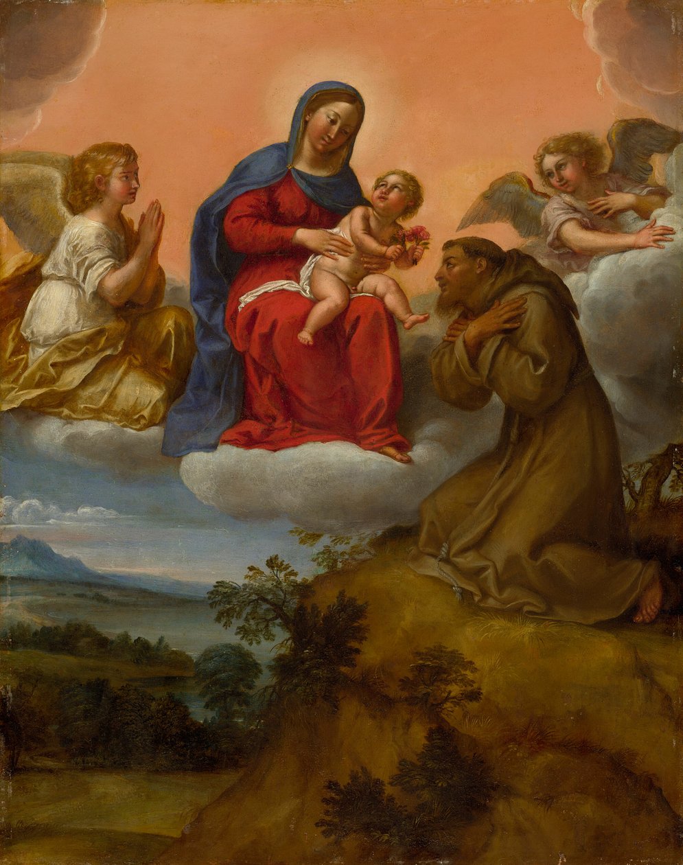 Virgem e o Menino adorados por São Francisco de Francesco Albani