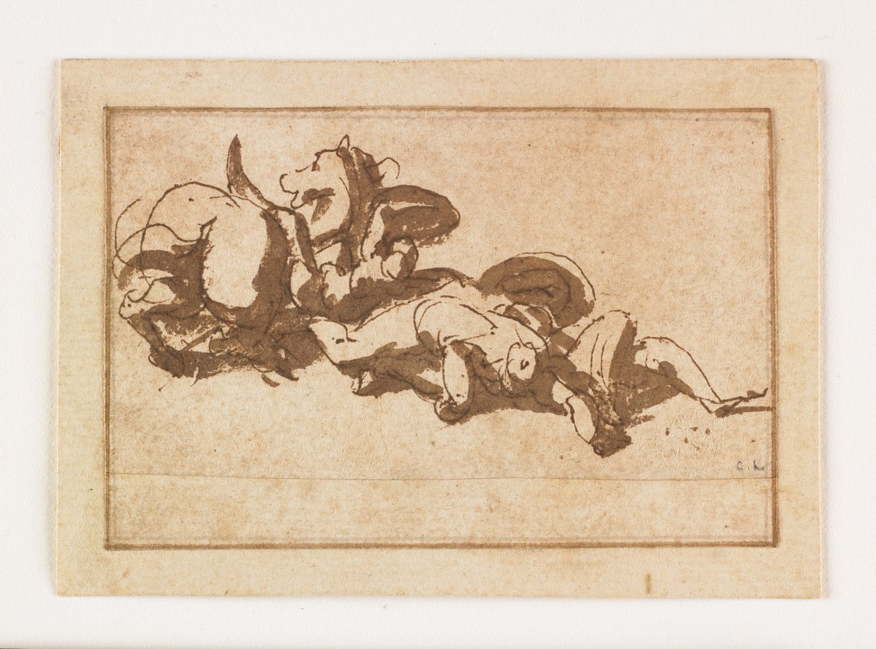 Estudo de duas figuras mortas e um cavalo (caneta e tinta marrom e lavagem) de Francesco Allegrini
