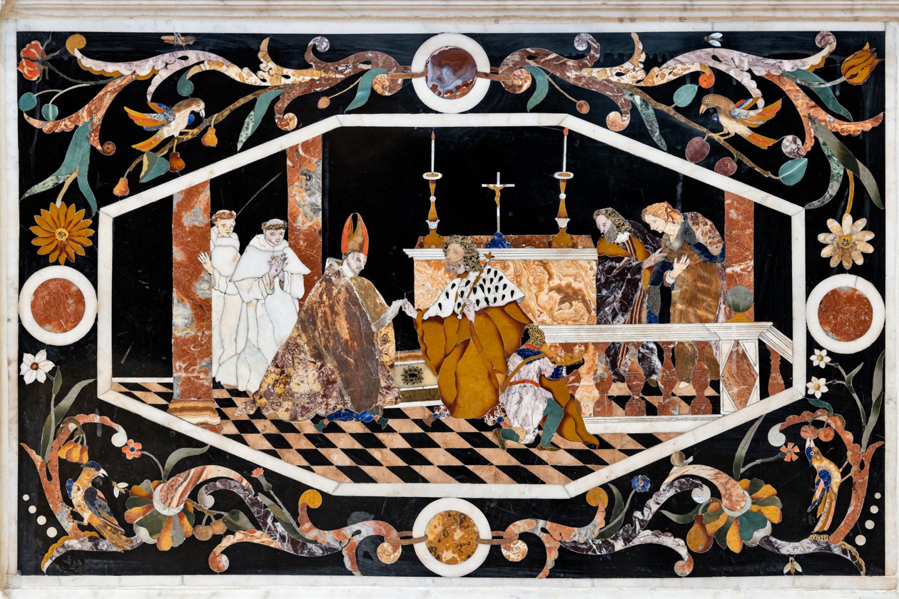 O altar principal, equipado com duas mesas, sobrepostas por um grandioso tabernáculo de mármore, detalhe de Francesco Antonio Corbarelli