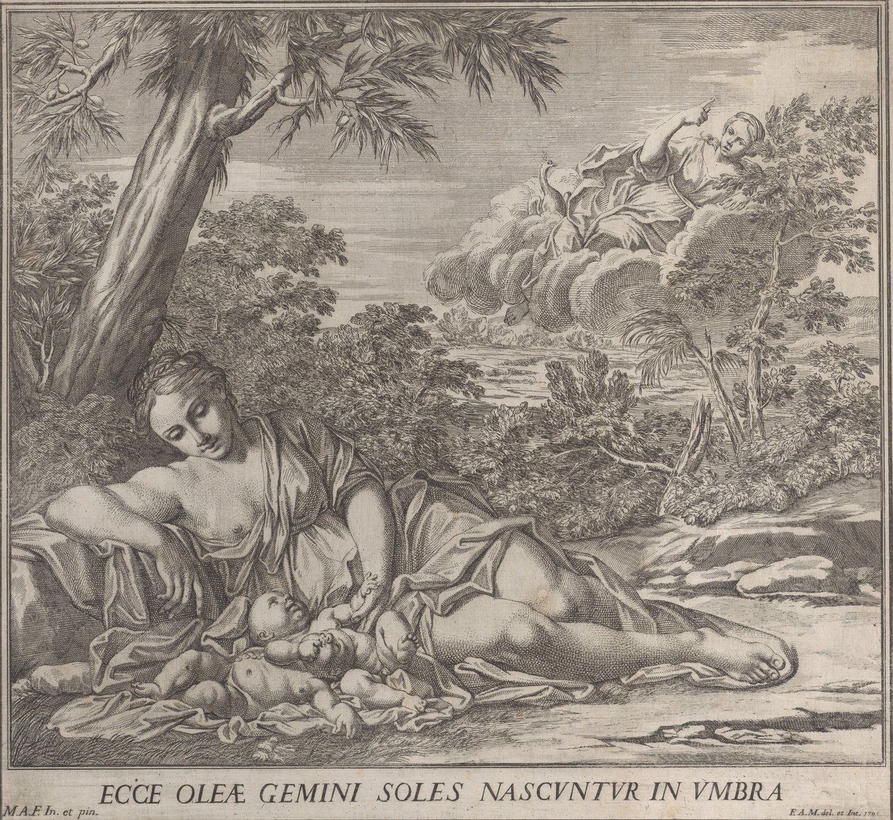 Latona e seus gêmeos adormecidos, Apolo e Diana, dentro de uma paisagem, 1705. de Francesco Antonio Meloni