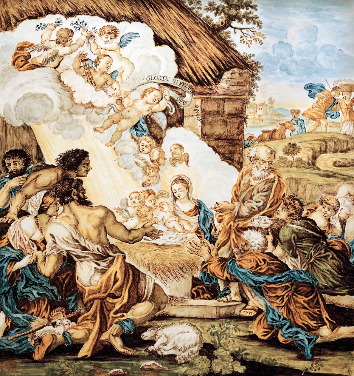 Berço, placa majolica pintada, por Francesco Antonio Xaverio Grue (1686-1746), fabrico Abruzzo Castelli, Itália de Francesco Antonio Xaverio Grue