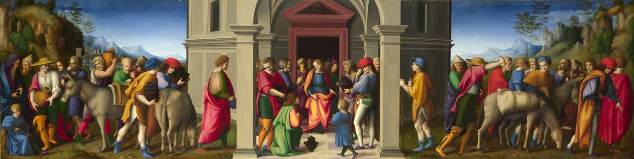 Joseph recebe seus irmãos, ca 1515. de Francesco Bacchiacca