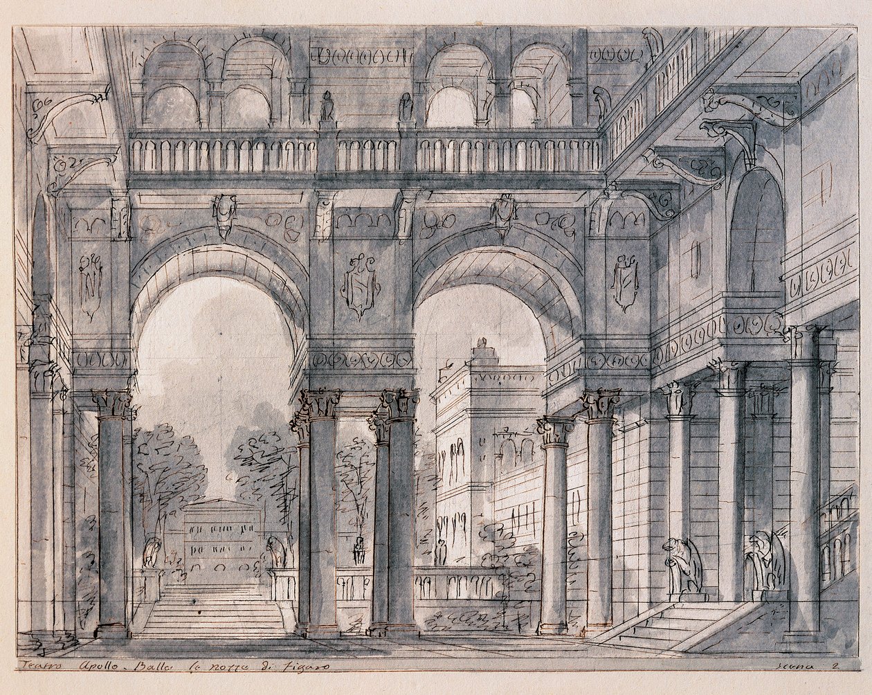 Cenografia para a segunda cena de "Les noces de Figaro (Le nozze di Figaro) de Wolfang Amadeus Mozart (1756-1791) dirigida pelo cenógrafo Francesco Bagnara (1784-1866) 1820-1839 Venice Museo Correr de Francesco Bagnara