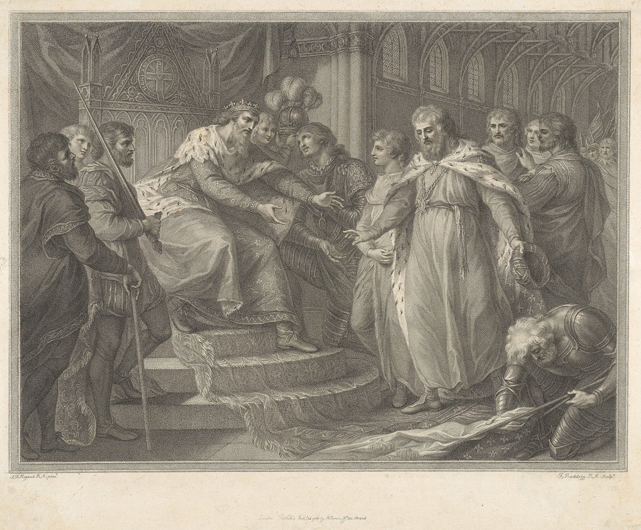 Eduardo, príncipe de Gales, apresentando ao seu pai Eduardo III o rei cativo João de França e os seus filhos após a Batalha de Poitiers de Francesco Bartolozzi