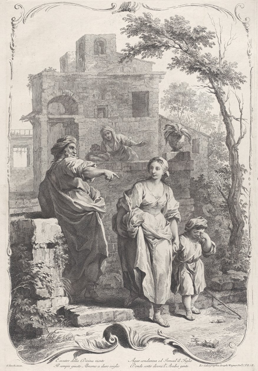 Hagar enviada para o deserto, 1758. de Francesco Bartolozzi