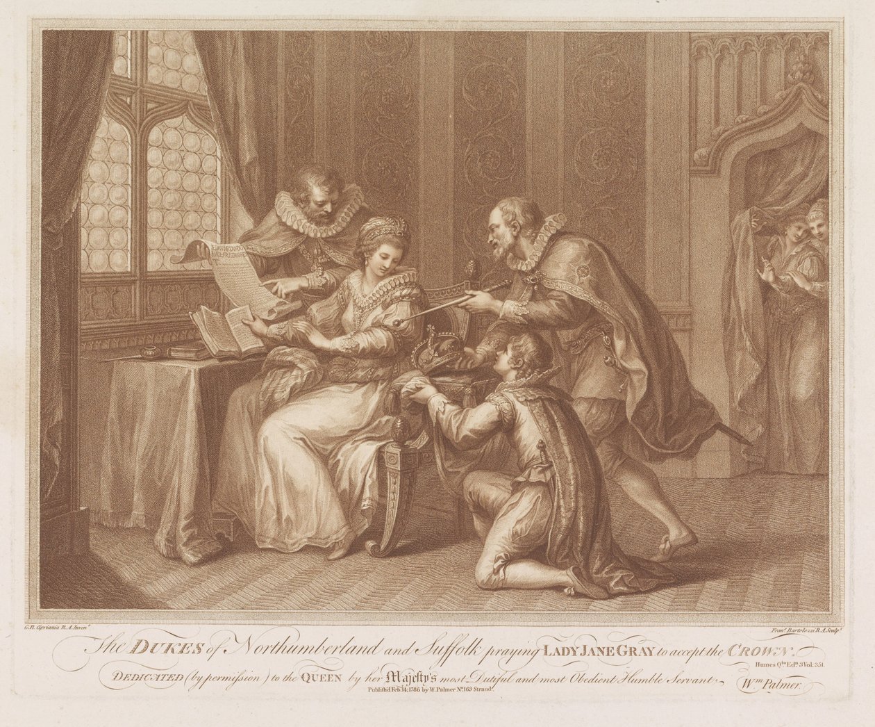 Duques de Northumberland e Suffolk pedem a Lady Jane Grey que aceite a coroa Os Duques de Northumberland e Suffolk rezando para Lady Jane Grey aceitar a coroa (título no objeto) de Francesco Bartolozzi
