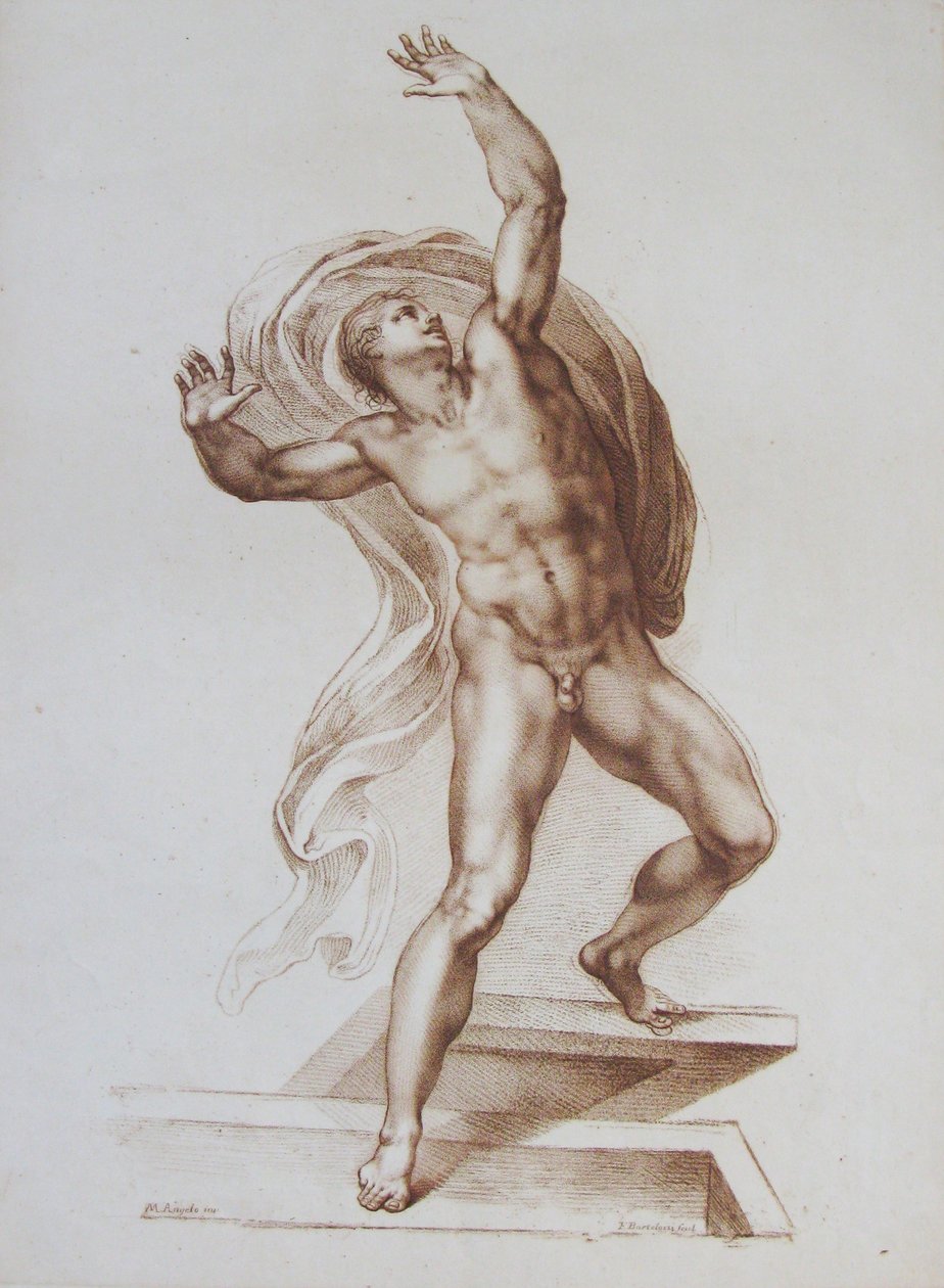 Figura masculina copiada da obra de Miguel Ângelo "O Juízo Final" (gravura) de Francesco Bartolozzi