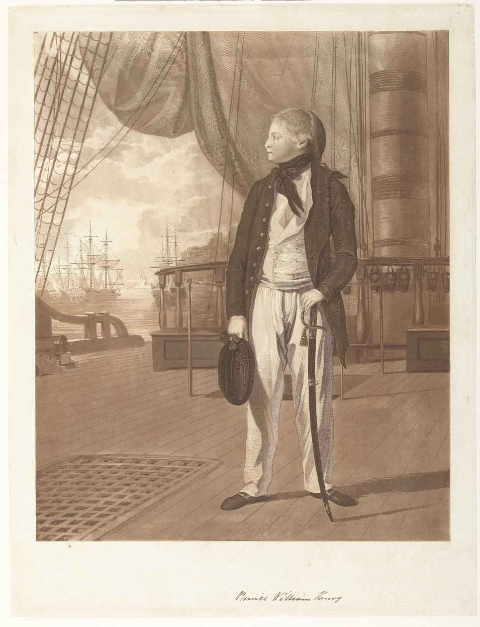 Retrato do príncipe William Henry a bordo de um navio de guerra da Marinha Real Britânica. de Francesco Bartolozzi