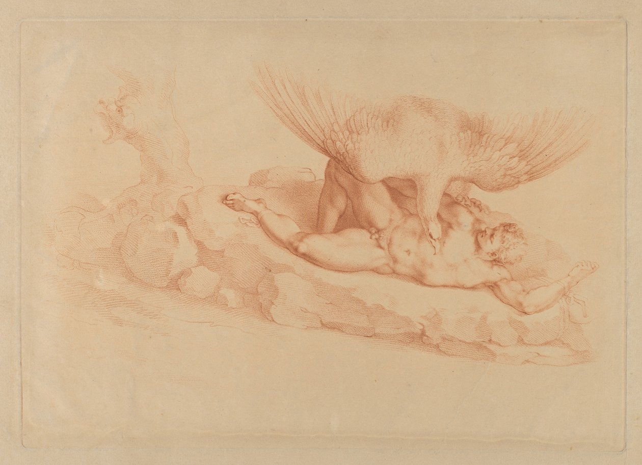 Prometeu, nu, acorrentado a uma rocha, olhando para uma águia parada sobre ele, 1795. de Francesco Bartolozzi