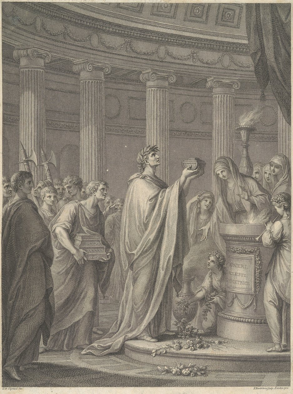O general romano Júlio César dedica o templo de Vénus Genetrix no Fórum de César, Roma, 46 a.C. de Francesco Bartolozzi