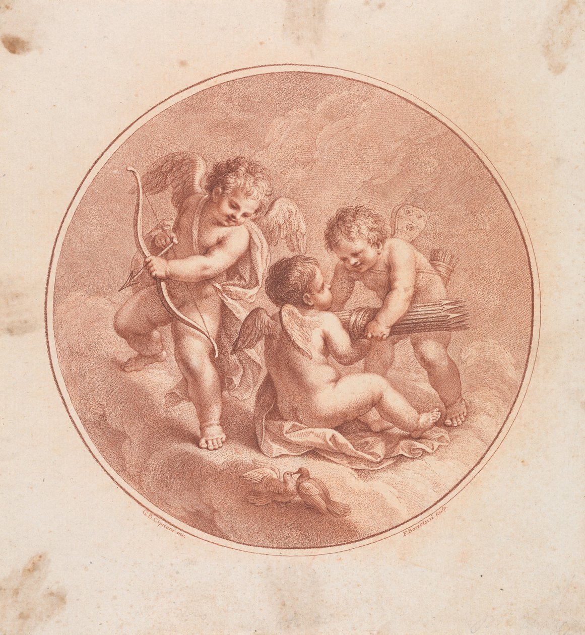 Drei Cupidos mit Bögen und Pfeilen und zwei Tauben de Francesco Bartolozzi