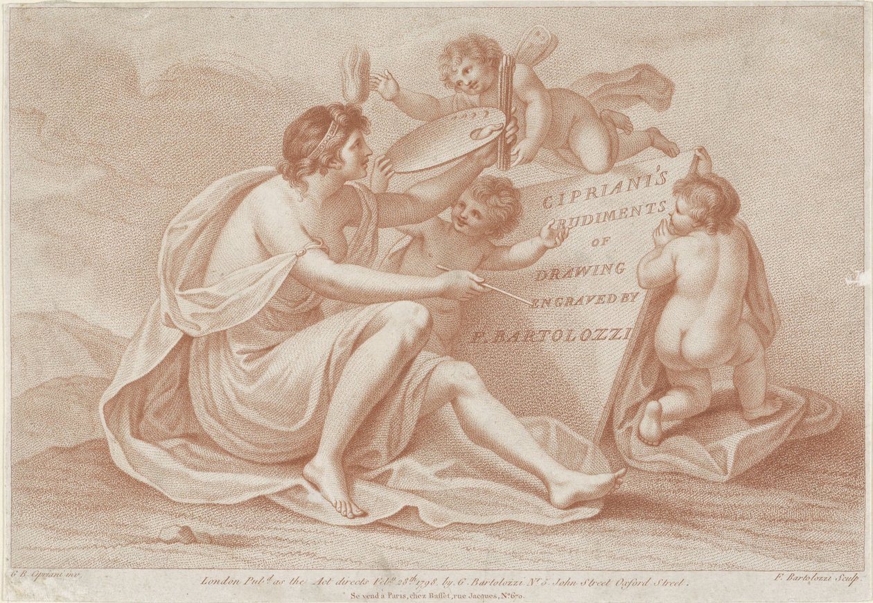 Impressão do título com personificação da pintura Princípios Ciprianis do desenho (título da série) Ciprianis rudiments of Drawing (título da série) de Francesco Bartolozzi