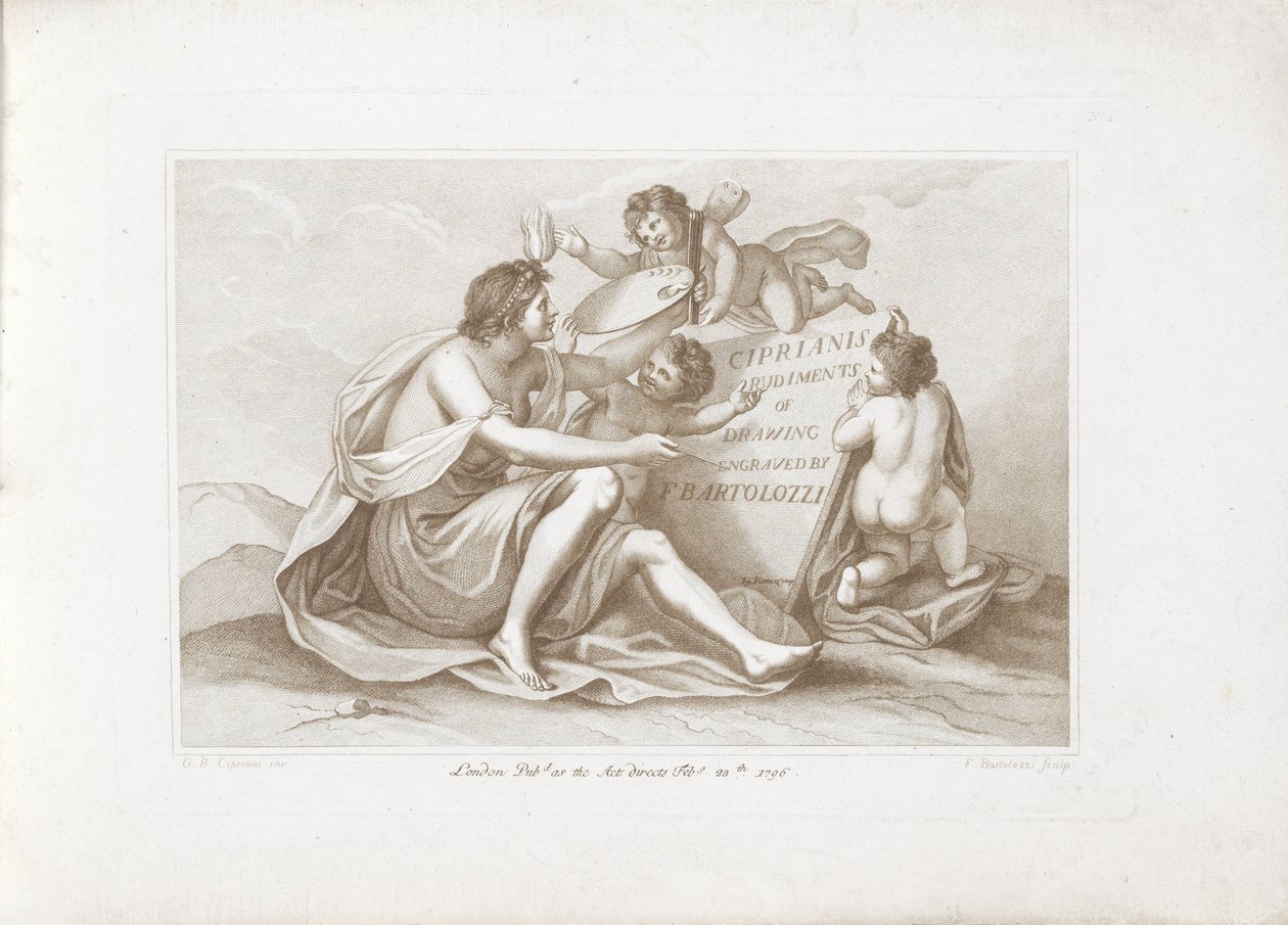 Impressão do título com personificação da pintura Princípios Ciprianis do desenho (título da série) Ciprianis rudimentos de desenho (título da série no objeto) de Francesco Bartolozzi