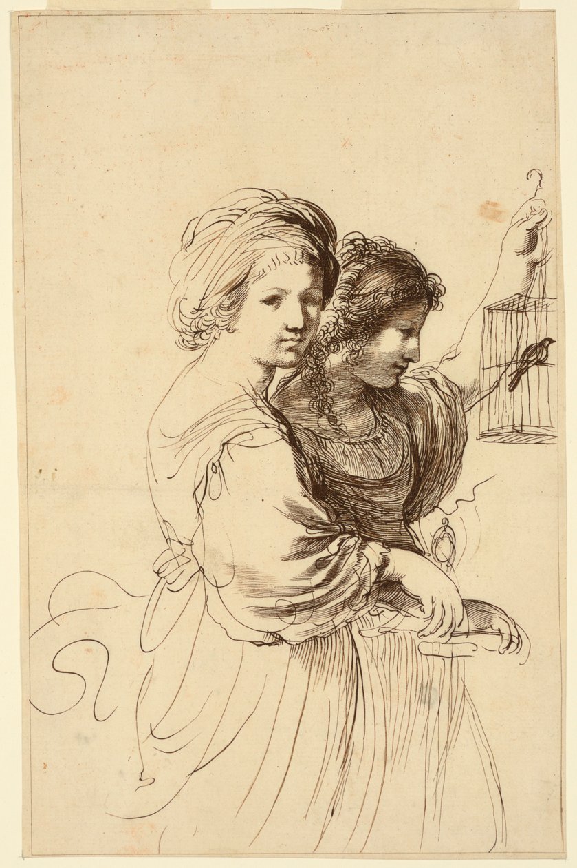 Duas meninas, uma segurando uma gaiola de Francesco Bartolozzi