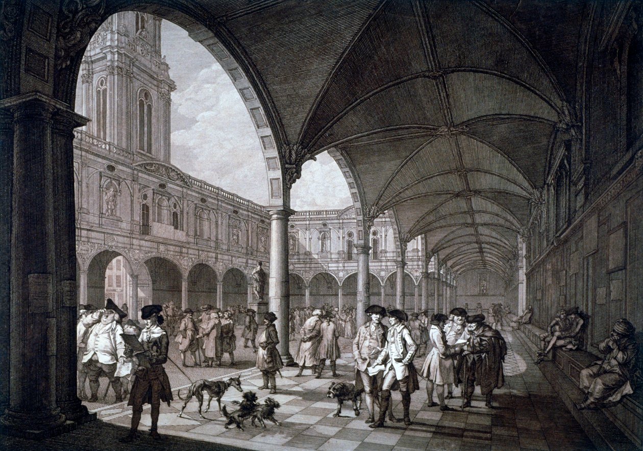 Vista do pátio no Royal Exchange com comerciantes e corretores, cidade de Londres, 1788 de Francesco Bartolozzi