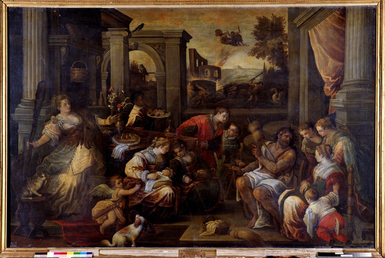 Hércules e Omphale Hércules, apaixonado pela rainha de Lycia Omphale, leva sua taboa giratória de Francesco Bassano