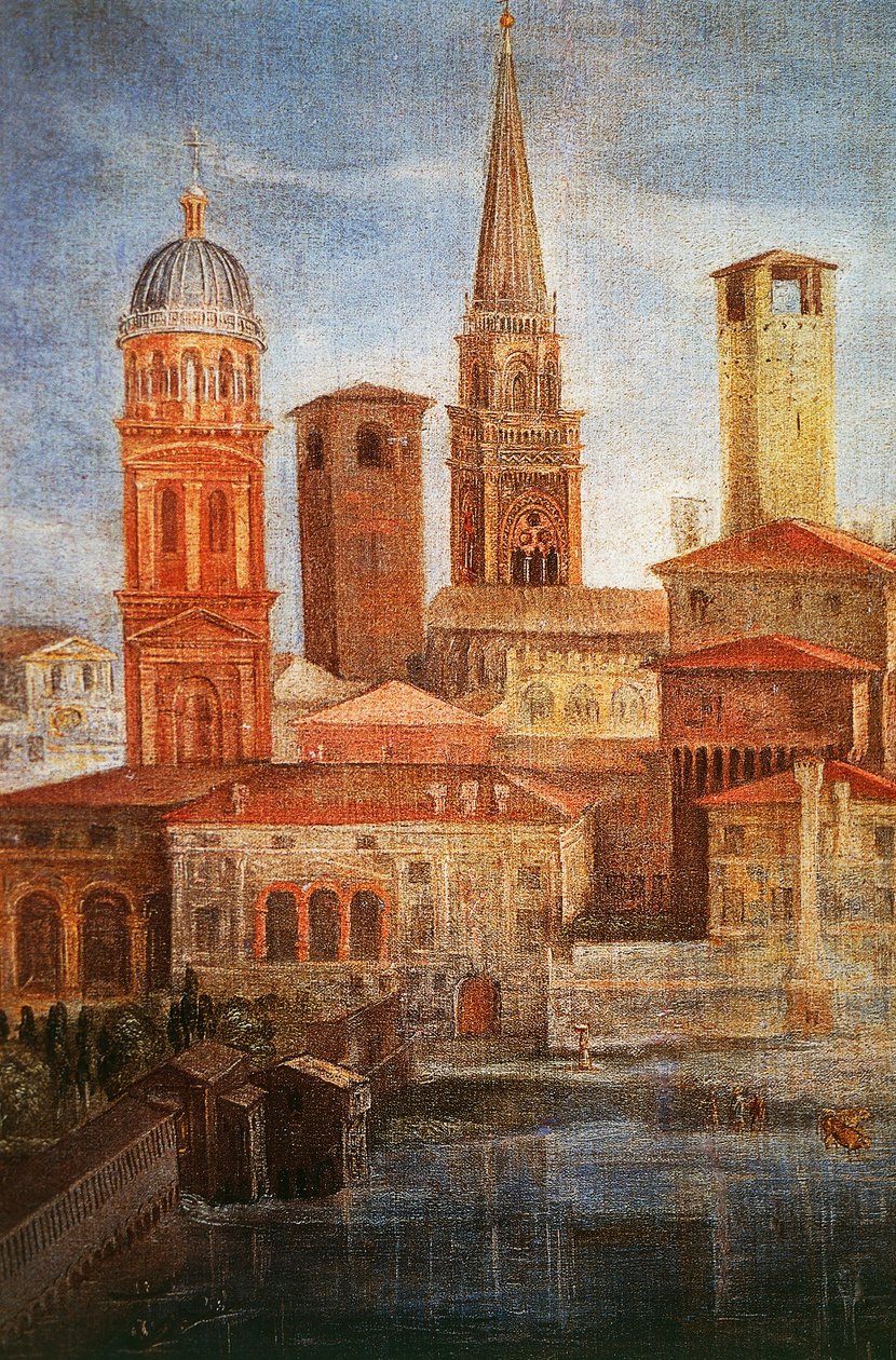 Vista de Mântua, Detalhe de São Francisco reza à Virgem Maria para acabar com a epidemia, Ca 1618 de Francesco Borgani (1557-1624), 322x197 cm, Óleo sobre tela de Francesco Borgani