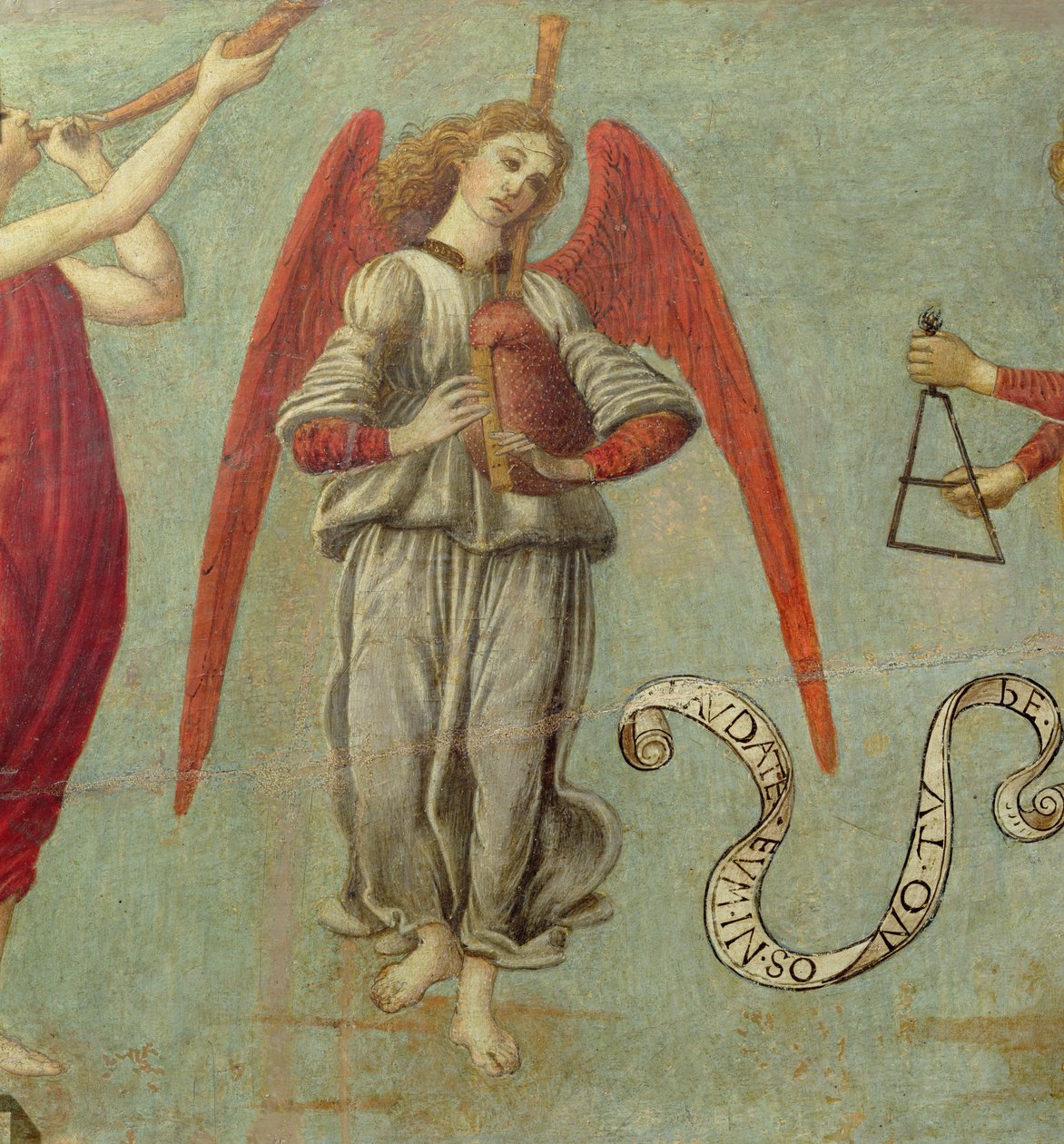 Anjo tocando gaita de foles, c.1475-97 têmpera no detalhe do painel de 64871, veja também 64873 e 64874 de Francesco Botticini