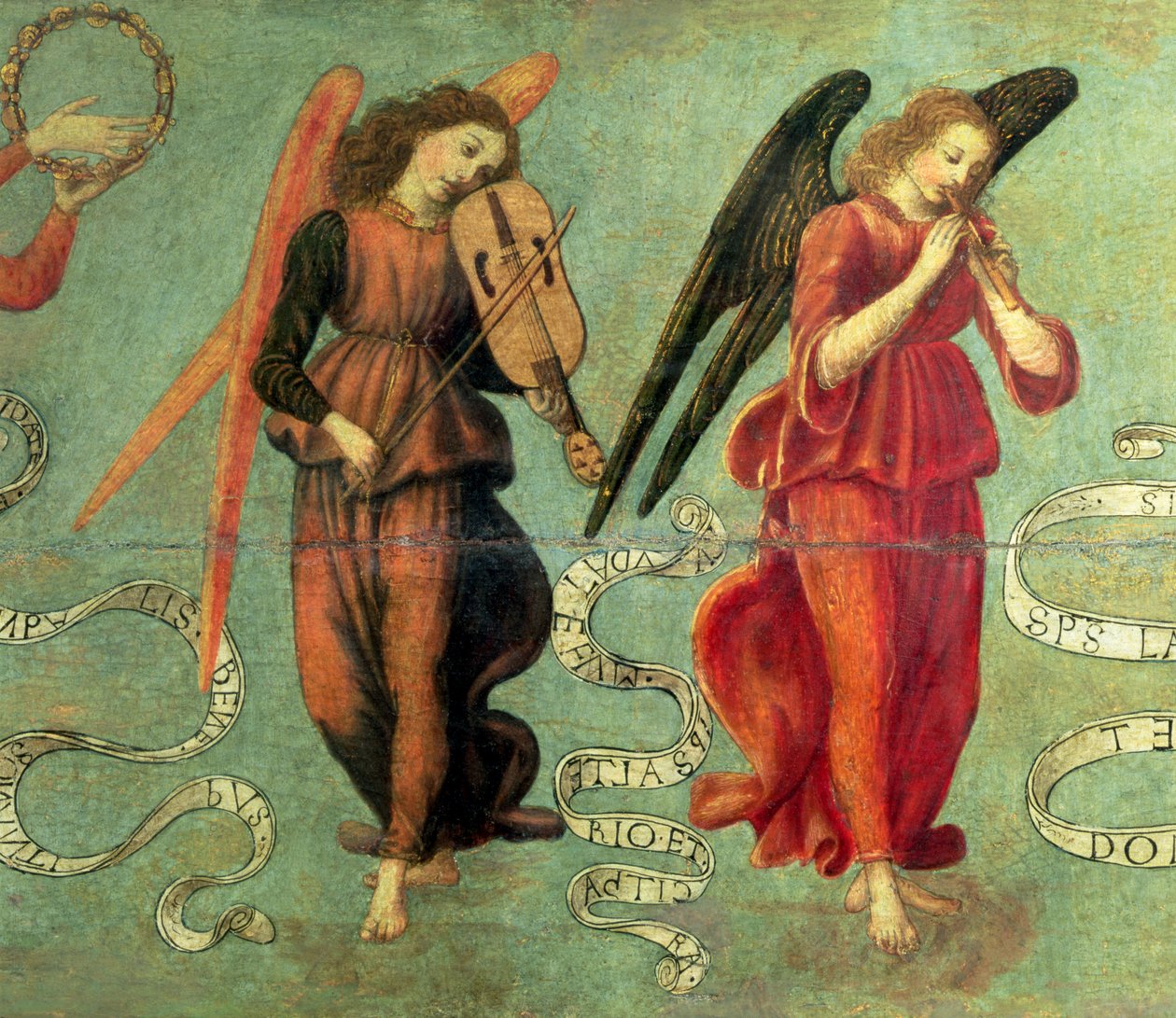 Anjos tocando violino e cachimbo, c.1475-97 têmpera no detalhe do painel de 64871, veja também 64872 e 64873 de Francesco Botticini