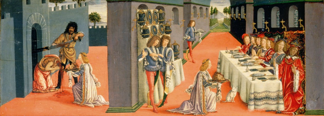 Cenas do Martírio de São João Batista, painel predella do Tabernáculo dos Sacramentos, c.1484-6 (têmpera no painel) (detalhe de 94757) de Francesco Botticini
