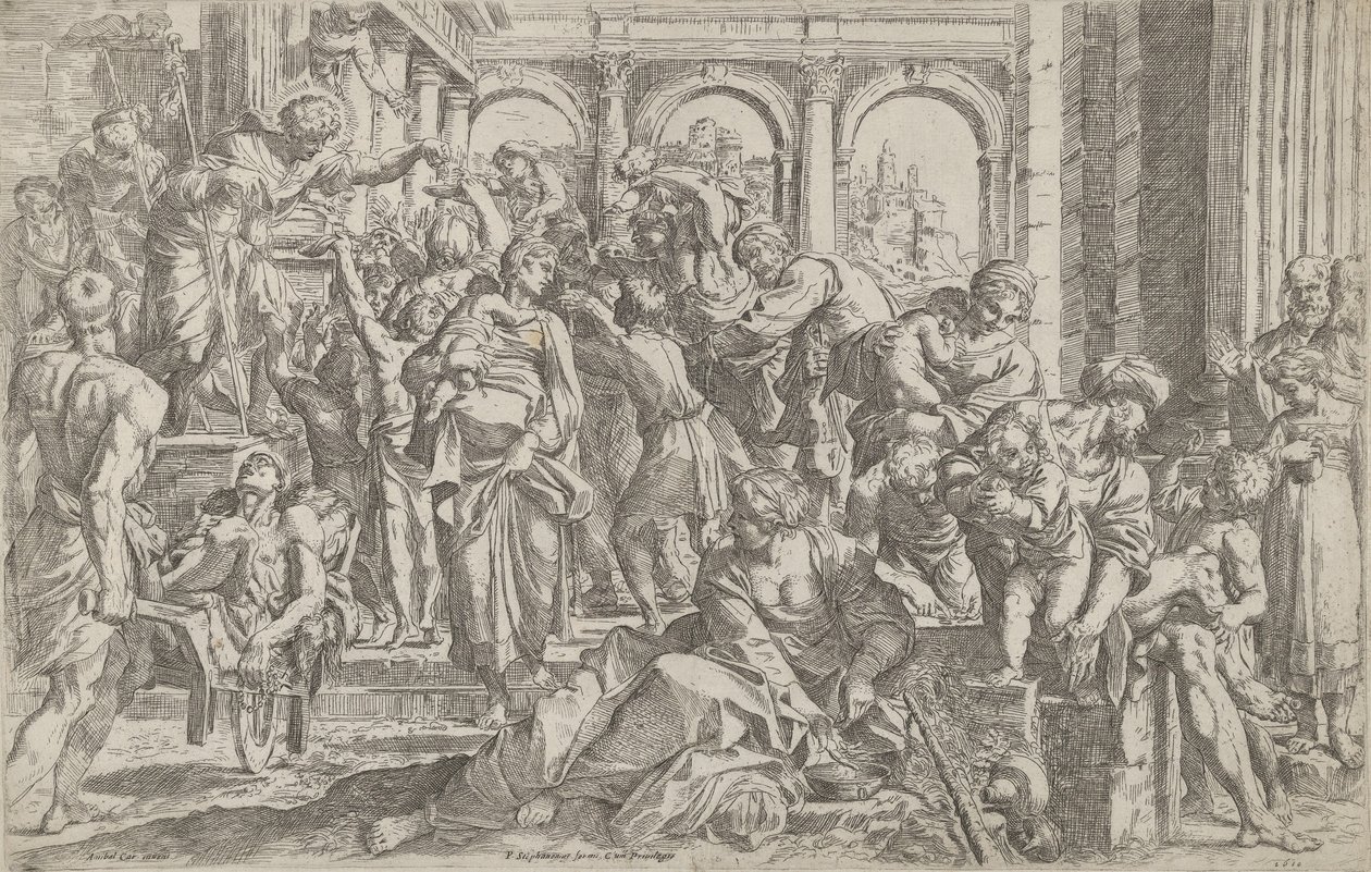 São Roque à esquerda distribuindo esmolas a um grupo de pessoas reunidas ao seu redor, após ..., 1590-1600. de Francesco Brizio