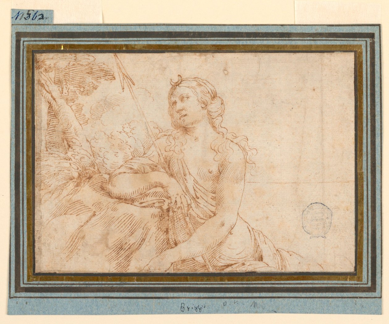 Desenho, A Deusa Diana apoiada sobre um rebordo, início do século XVII de Francesco Brizzi