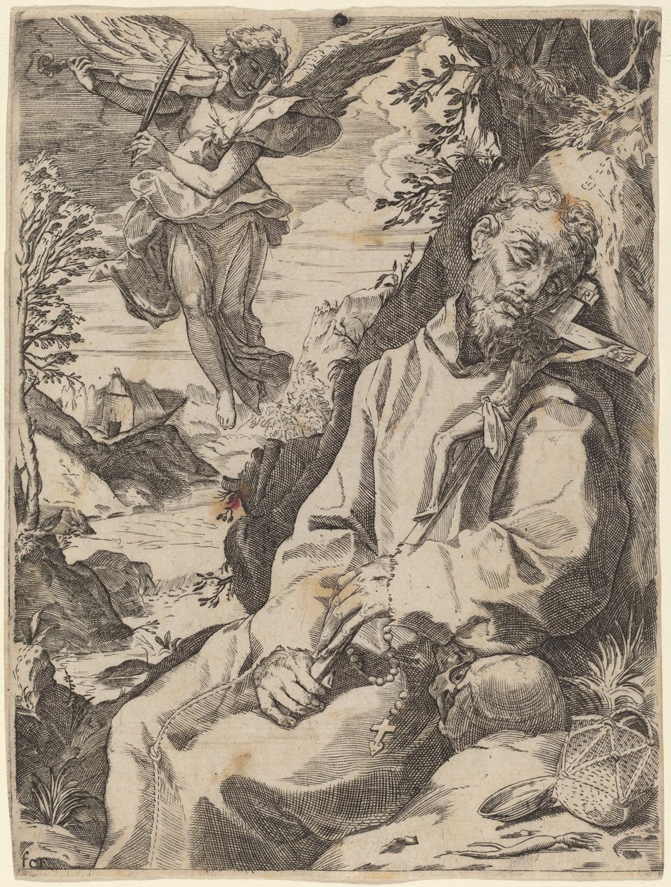 São Francisco consolado pelo anjo musical de Francesco Carracci after Agostino Carracci