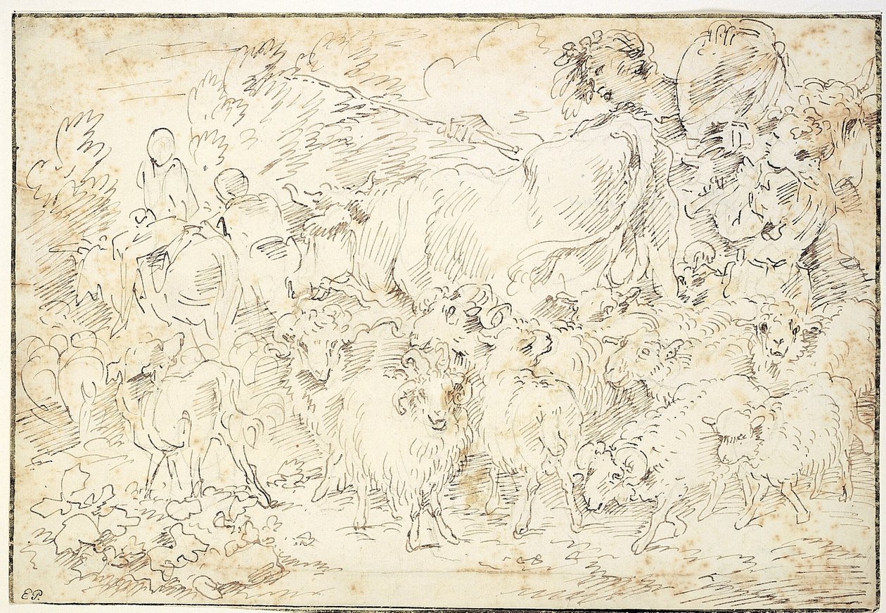 Pastores com cabras, ovelhas, uma vaca e um cão pastor de Francesco Castiglione