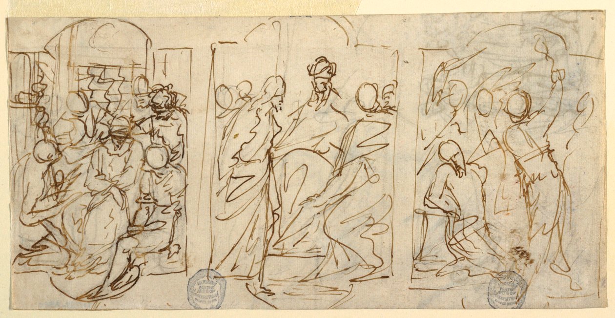 Desenho, Três fases da Paixão: O escárnio, Cristo perante Pilatos, Flagelação, ca. 1848 de Francesco Coghetti