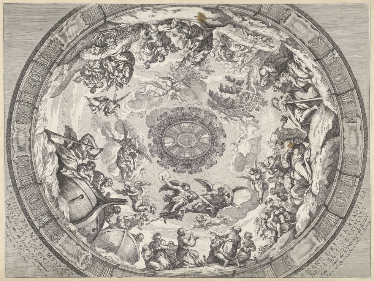 Decoração em cúpula com figuras do Antigo Testamento e anjos
Cupola prima di musaico capella del SS.mo Crucifisso (...) (título sobre o objecto)
Decorações em cúpula na Basílica de São Pedro (título da série) de Francesco Faraone Aquila