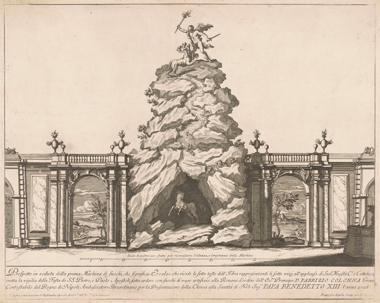 A Prima Macchina para a Chinea de 1726: Hércules e a Hidra de Francesco Faraone Aquila, after Alessandro Specchi