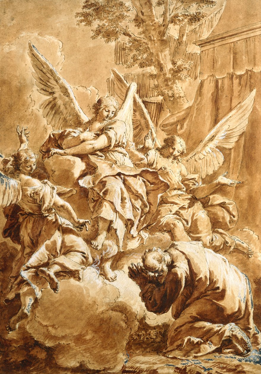 Abraão e os três anjos, c.1750 (caneta e tinta marrom sobre giz preto com lavagem vermelha) de Francesco Fontebasso