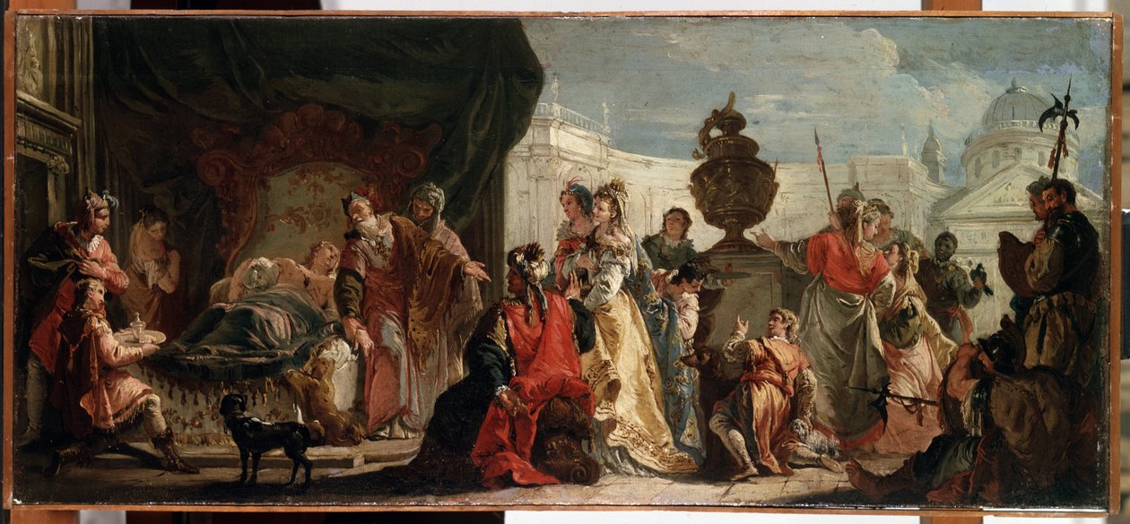 "Antiochus e Stratonice". Antiochus (ou Antiochos), filho do rei Seleuco (ou Seleuco) I Nicator, é curado pelo médico Erasistratus de Ceos de uma doença causada pelo seu amor por Stratonice (ou Stratonike), esposa do seu pai, que também é um rei. de Francesco Fontebasso