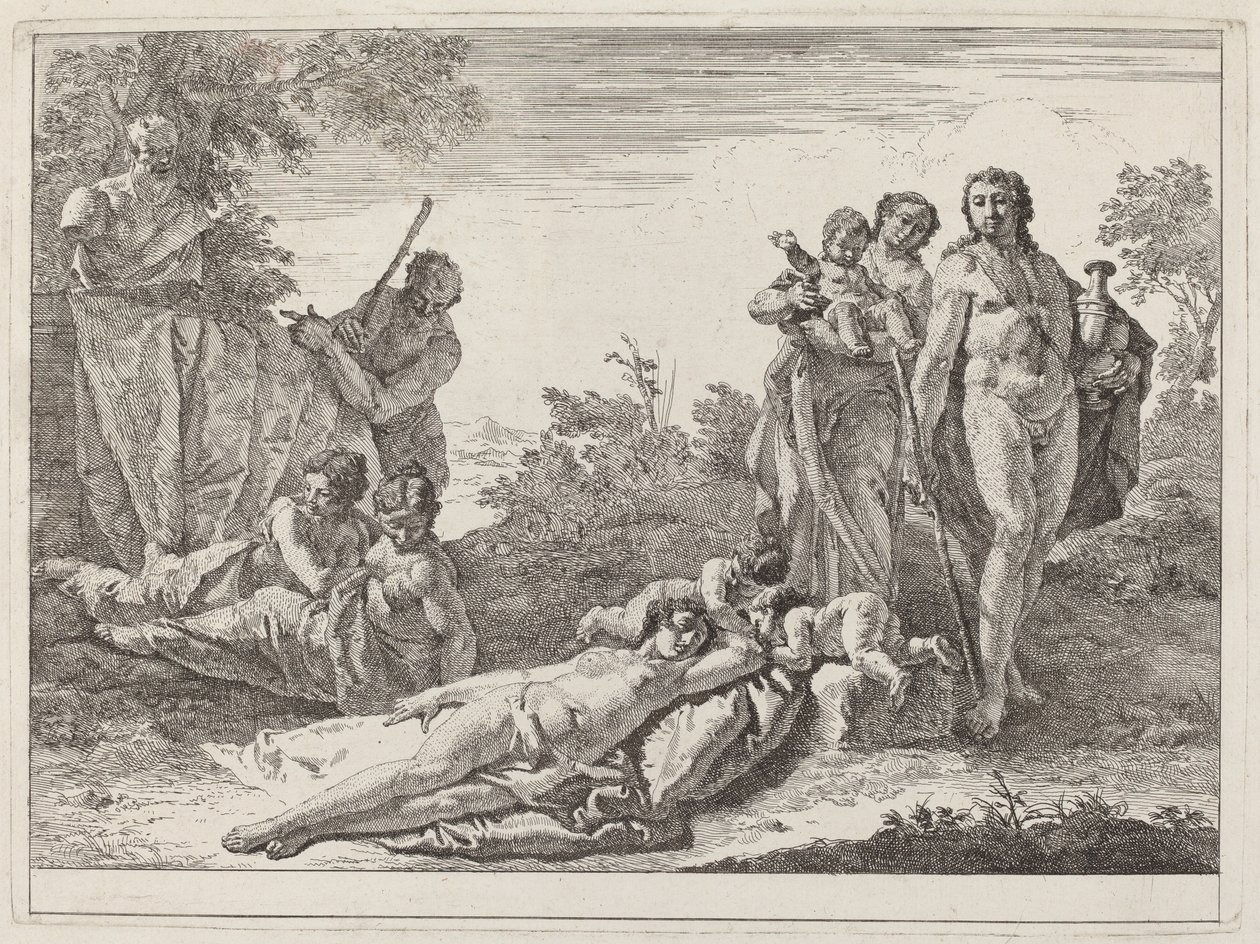 Apollo e ninfas em uma paisagem com um busto de Pan de Francesco Fontebasso