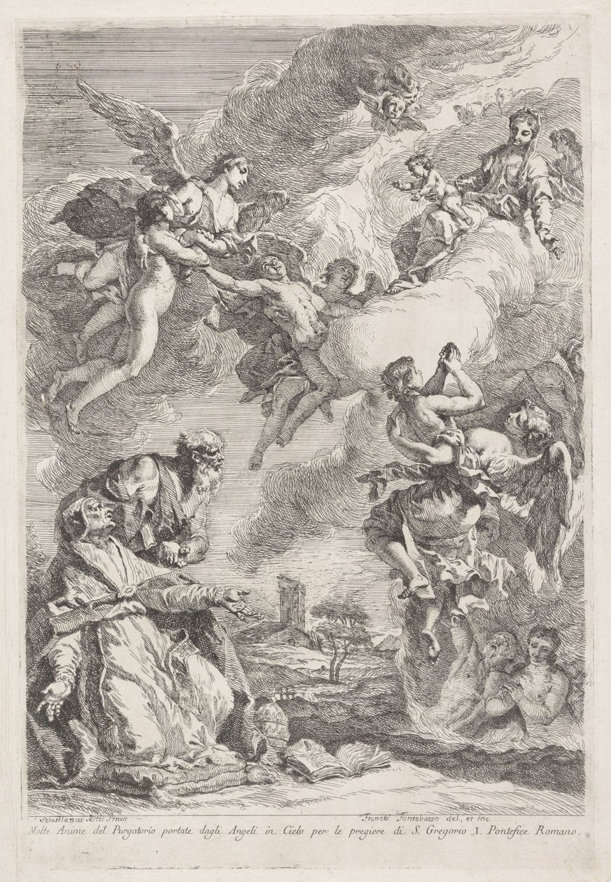 São Gregório o Grande e São Jerónimo rezam pelas almas no purgatório
Molte Anime del Purgatorio portate dagli Angeli in Cielo per le pregiere di S. Gregorio I. Pontefice Romano (título sobre o objecto) de Francesco Fontebasso