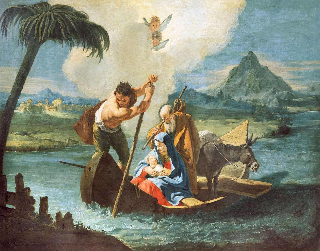 Sagrada Família cruzando o Nilo em seu vôo para o Egito, por Francesco Fontebasso (1707-1769), óleo sobre tela de Francesco Fontebasso