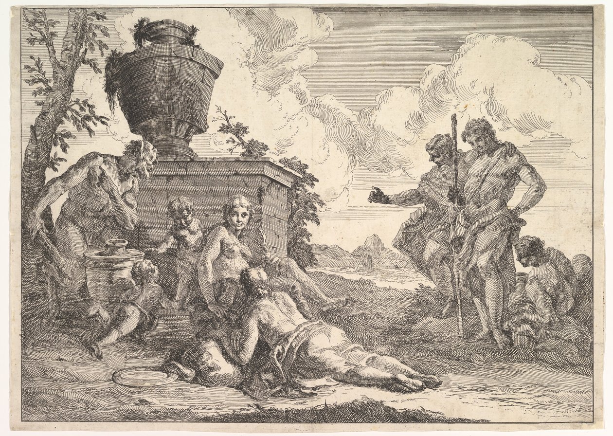 Sátiro com Clube e Sete Figuras, de Bacanal e Histórias, 1744. de Francesco Fontebasso