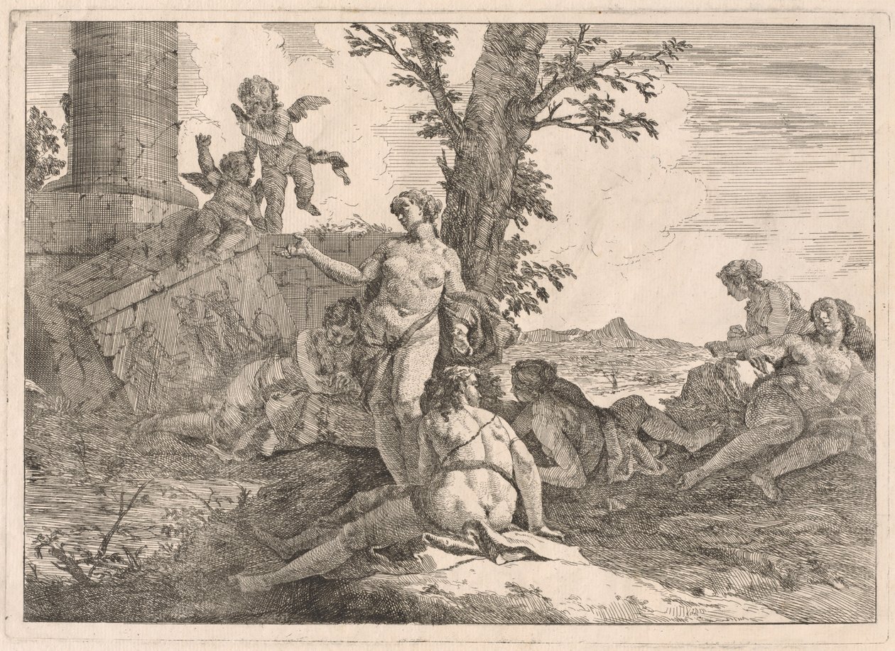 Seis ninfas e dois cupidos em uma paisagem de Francesco Fontebasso
