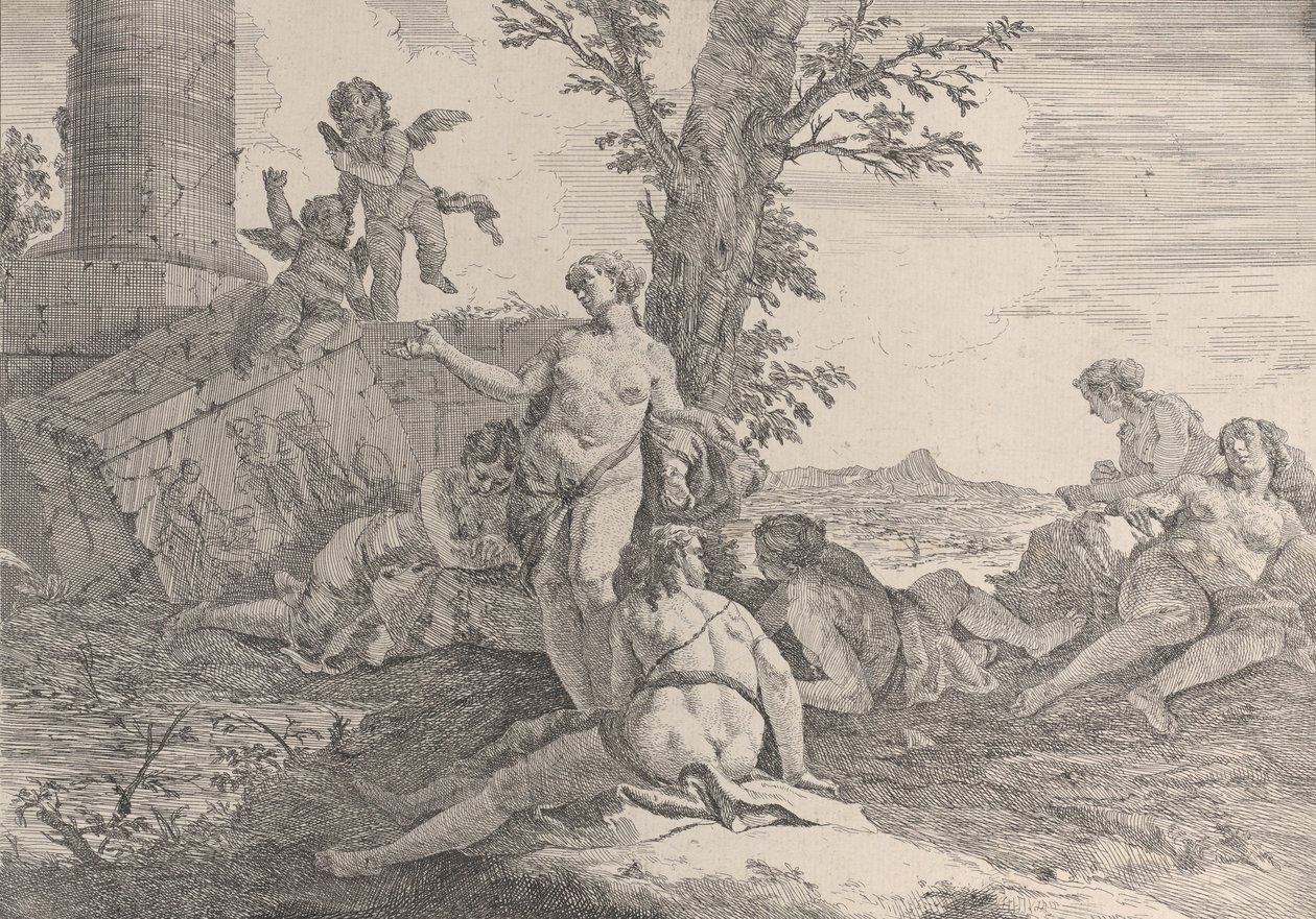 Seis ninfas e dois putti, de Bacanais e Histórias, 1744. de Francesco Fontebasso