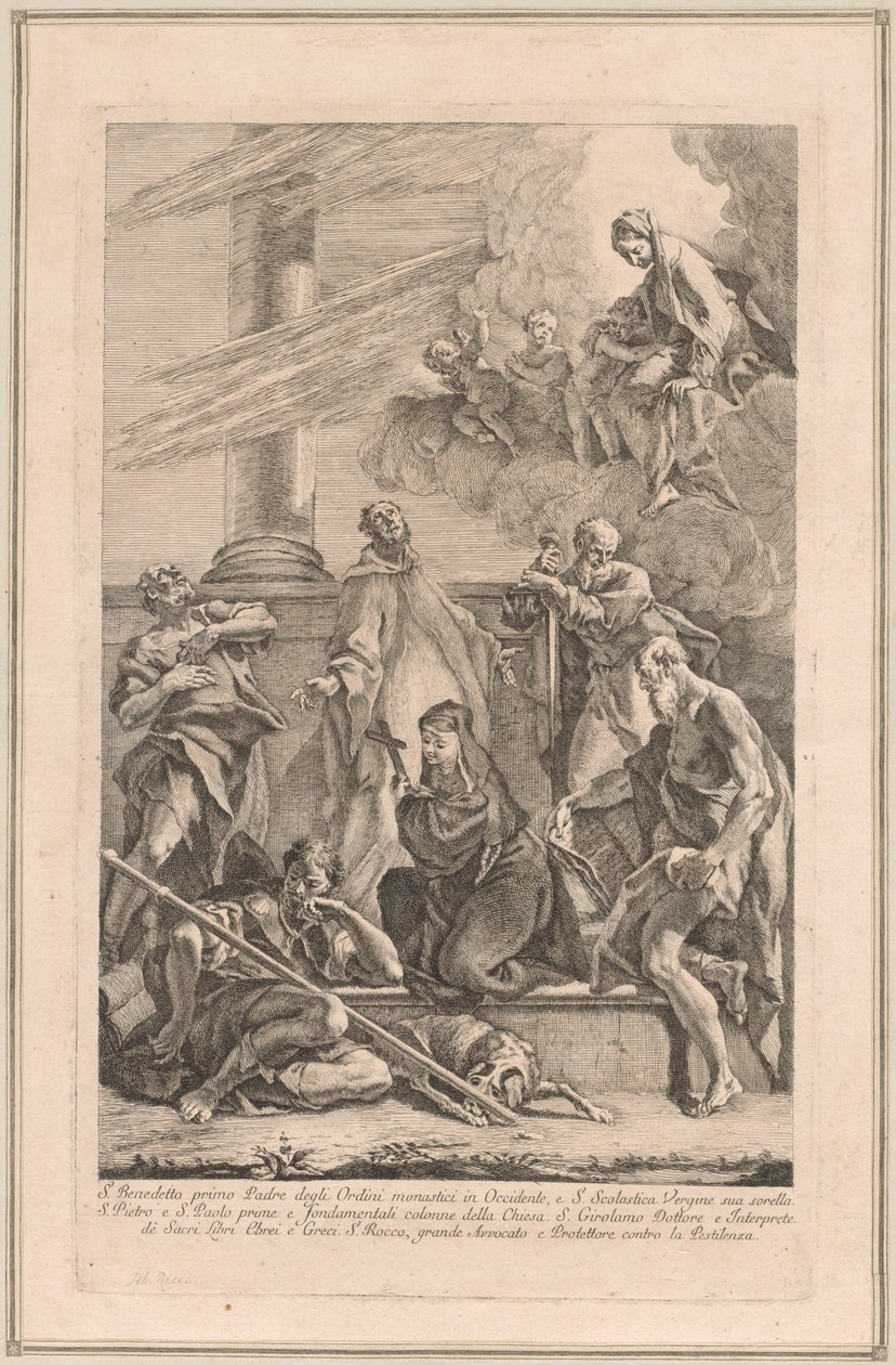 A Madona e o Menino com Dois Anjos e Santos Escolástica, Bento, Rocha, Pedro, Paulo e Jerônimo de Francesco Fontebasso after Sebastiano Ricci