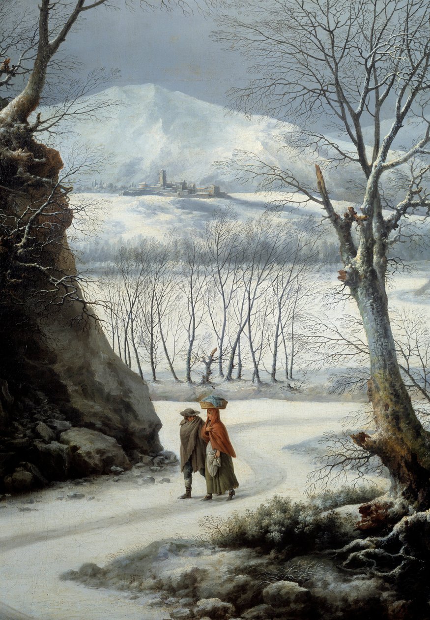 Um casal na estrada no meio do Inverno. Pintura de Francesco Foschi (? - 1805) de Francesco Foschi