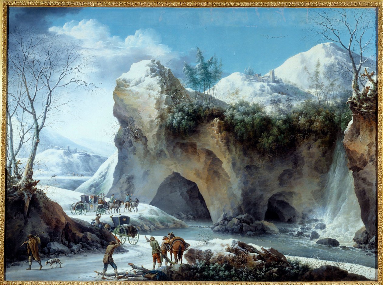 Snow Landscape Lookers corta madeira, uma diligência está prestes a entrar num túnel. Pintura de Francesco Foschi (activo entre 1750 e 1805) Sol do século XVIII. 1,02x1,36 m Grenoble, Musee des Beaux Arts de Francesco Foschi