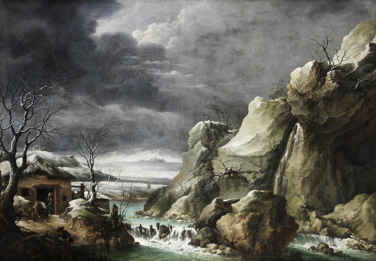 Viajantes aproximam-se de um celeiro numa paisagem de inverno, sob um céu tempestuoso de Francesco Foschi