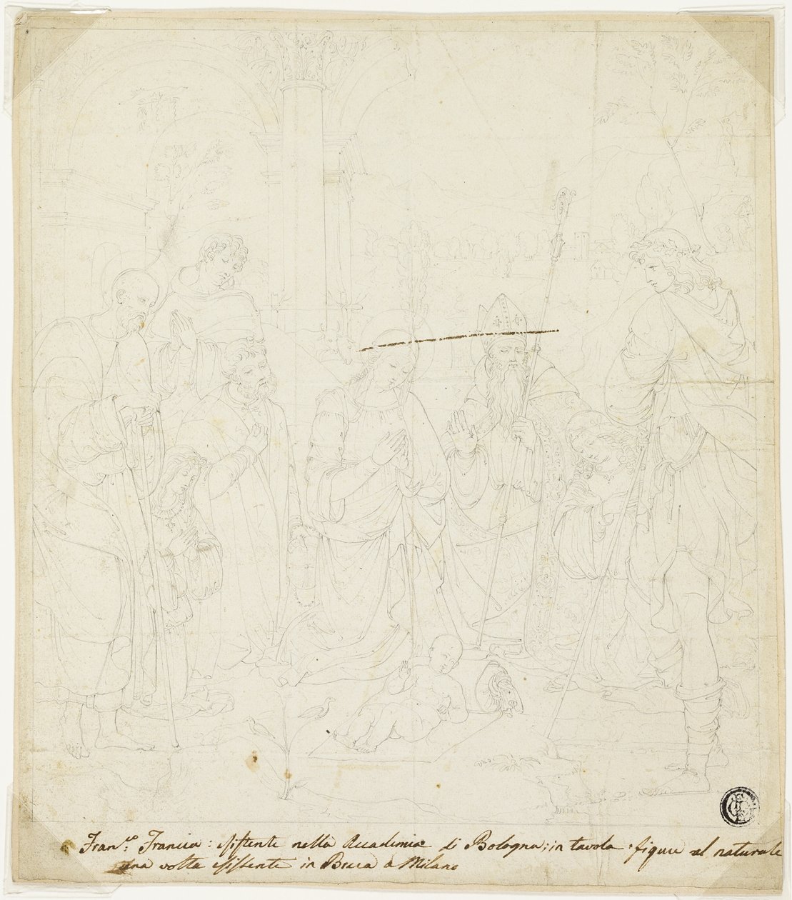 Adoração do Menino Jesus, com os Santos José, Francisco de Assis e Agostinho, com a presença de Anton Galeazzo Bentivoglio e Alessandro Bentivoglio de Francesco Francia
