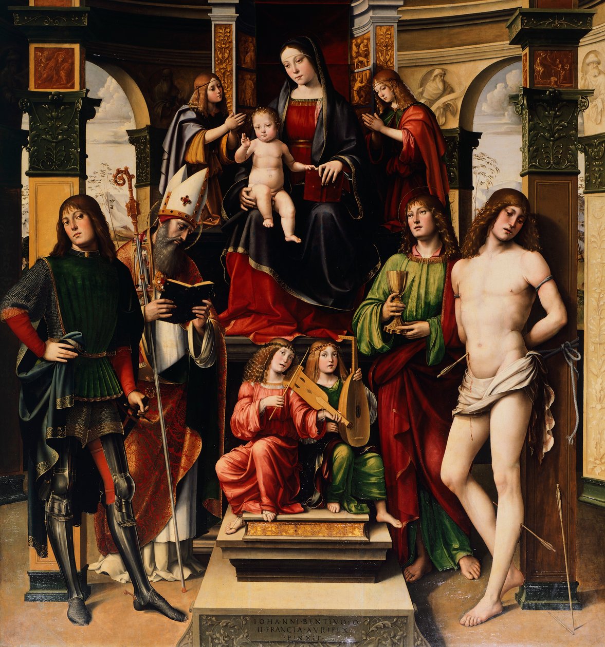 Madonna com o Menino, anjos e santos, de Francesco Francia (1450-1517), Igreja de San Giacomo Maggiore, Bolonha, Itália de Francesco Francia