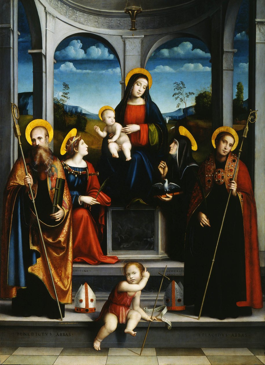 Virgem e Criança com Santos Bento, Justina, Placidus e Scholastica, ca 1515 de Francesco Francia