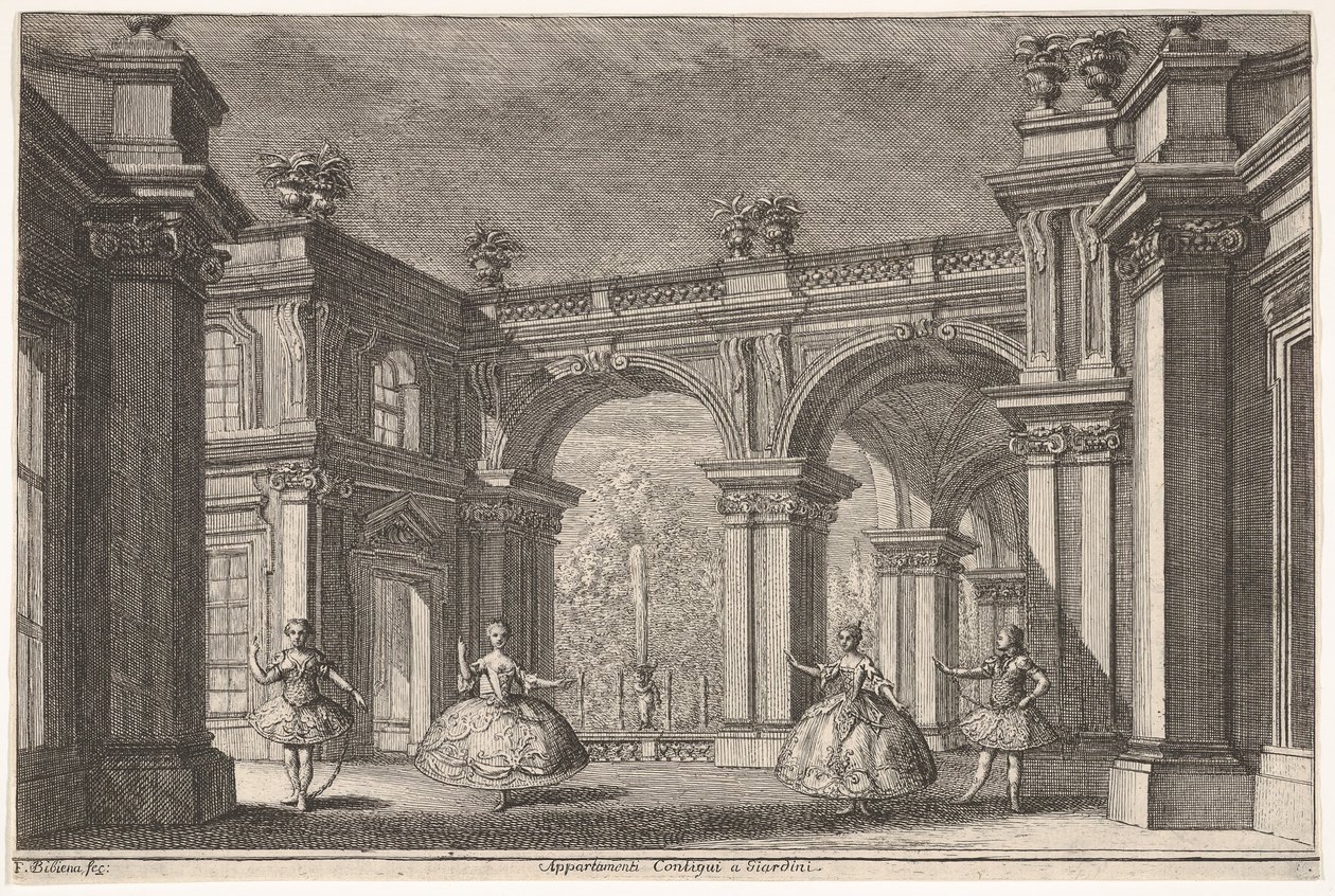 Duas senhoras e dois senhores dançando dentro de um cenário arquitetônico ornamentado, uma fonte em ..., 1765. de Francesco Galli Bibiena